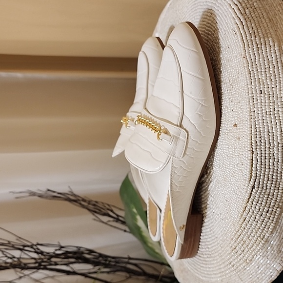 NWT.Cicus Sam Edelman Mule Womens Size 7.5M White Croc Print Gold Chain Slip On - Picture 5 of 11